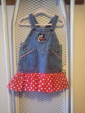 Disney Denim Overall Dress with Red Polka Dot Ruffle